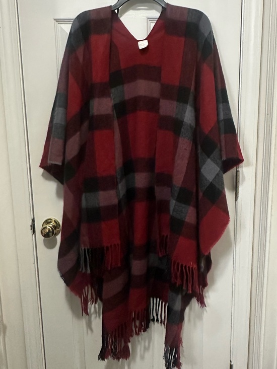 Source Unknown Jackets & Blazers - Plaid Fringe Poncho - Red and Gray